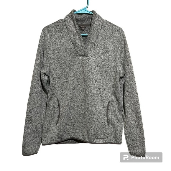 Eddie Bauer Women s Fleece V Neck Pullover Long Sleeve Grey Blue Heather Size L - Picture 1 of 9